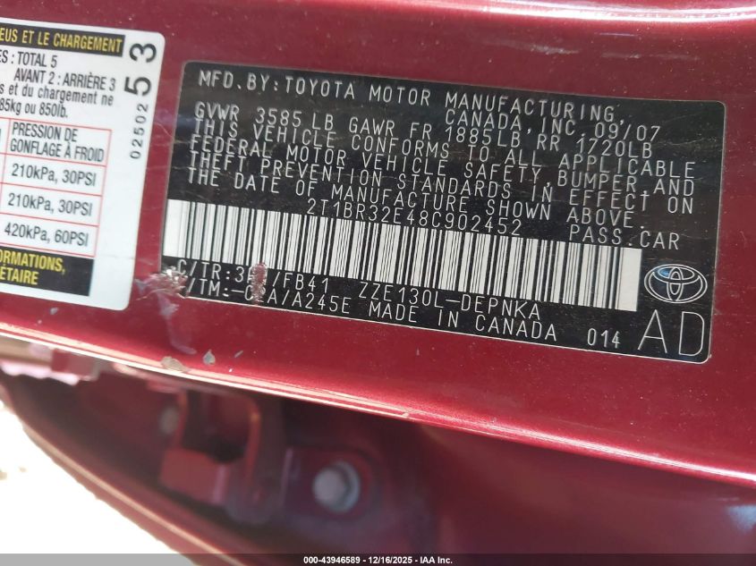 2008 Toyota Corolla Le VIN: 2T1BR32E48C902452 Lot: 43946589