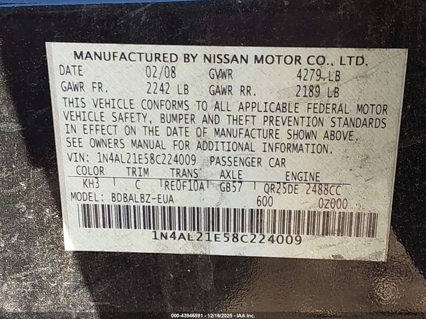 2008 Nissan Altima 2.5 S VIN: 1N4AL21E58C224009 Lot: 43946591