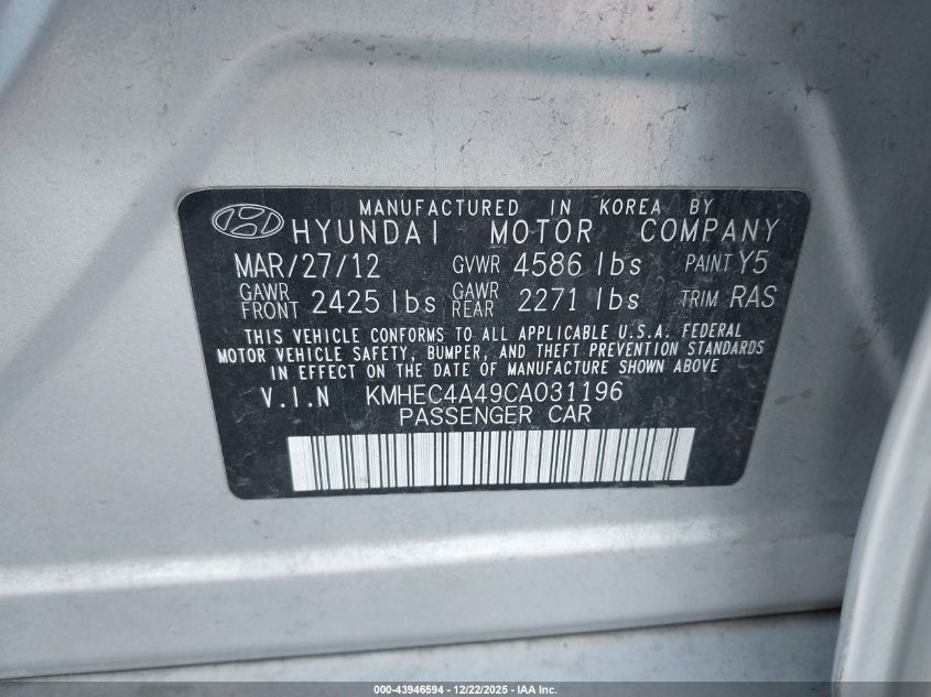 2012 Hyundai Sonata Hybrid VIN: KMHEC4A49CA031196 Lot: 43946594