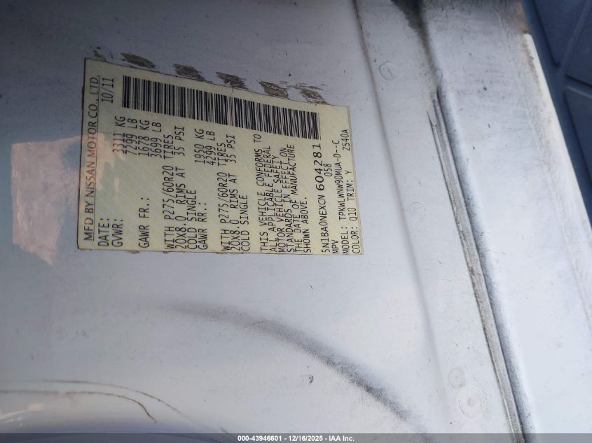 2012 Nissan Armada Platinum VIN: 5N1BA0NEXCN604281 Lot: 43946601