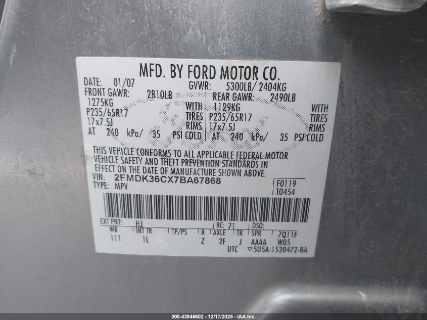 2007 Ford Edge Se VIN: 2FMDK36CX7BA67868 Lot: 43946602