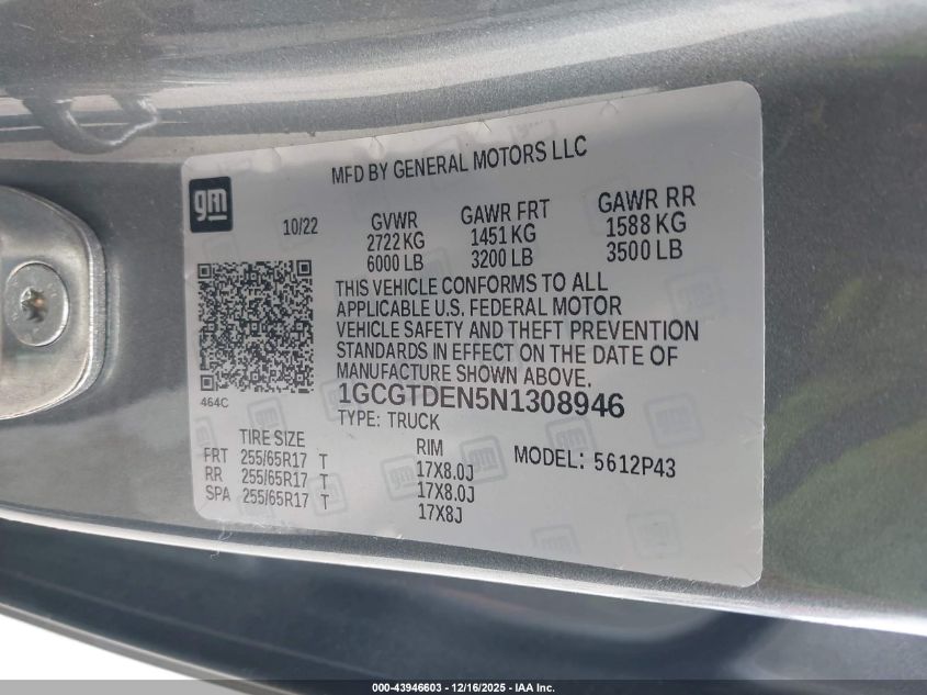 2022 Chevrolet Colorado 4Wd Short Box Z71 VIN: 1GCGTDEN5N1308946 Lot: 43946603