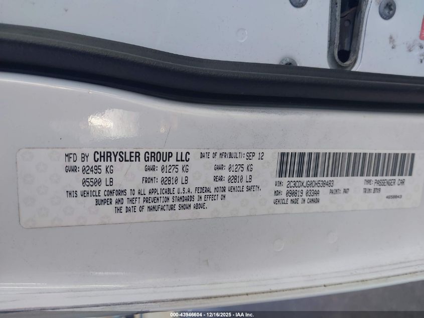 2013 Dodge Charger Sxt VIN: 2C3CDXJG0DH538483 Lot: 43946604