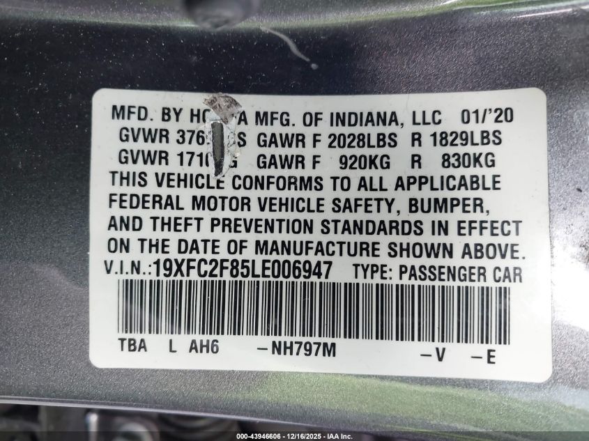 2020 Honda Civic Sport VIN: 19XFC2F85LE006947 Lot: 43946606