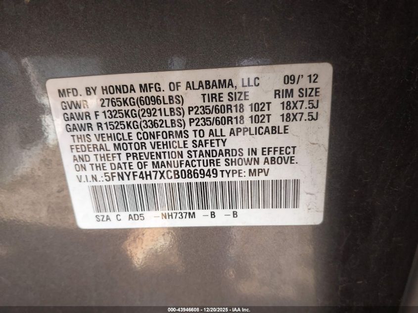 2012 Honda Pilot Ex-L VIN: 5FNYF4H7XCB086949 Lot: 43946608