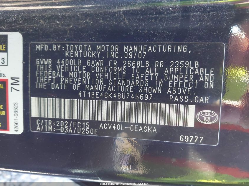 2008 Toyota Camry Se VIN: 4T1BE46K48U745697 Lot: 43946610