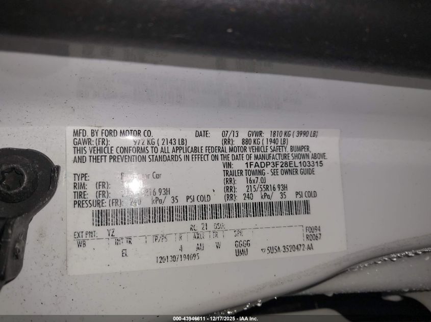 2014 Ford Focus Se VIN: 1FADP3F28EL103315 Lot: 43946611