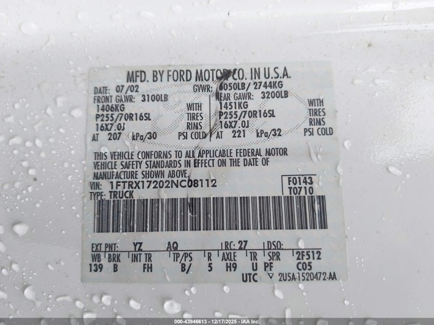 2002 Ford F-150 Xl/Xlt VIN: 1FTRX17202NC08112 Lot: 43946613