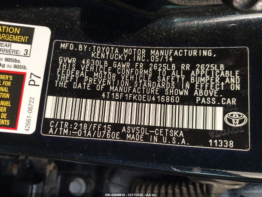 2014 Toyota Camry Se VIN: 4T1BF1FK0EU416860 Lot: 43946616