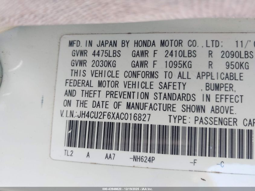 2010 Acura Tsx 2.4 VIN: JH4CU2F6XAC016827 Lot: 43946620