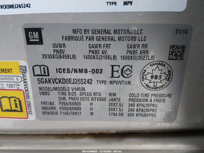 2014 Buick Enclave Premium VIN: 5GAKVCKD0EJ265242 Lot: 43946625