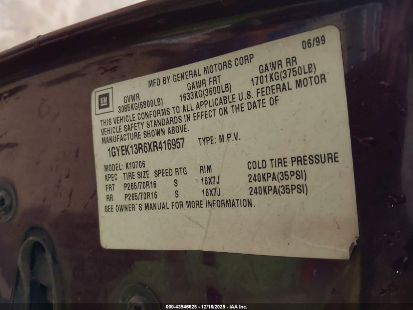 1999 Cadillac Escalade Standard VIN: 1GYEK13R6XR416957 Lot: 43946628