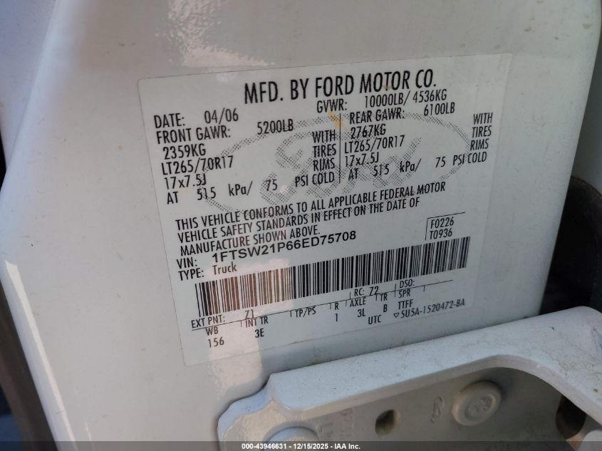 2006 Ford F-250 Lariat/Xl/Xlt VIN: 1FTSW21P66ED75708 Lot: 43946631