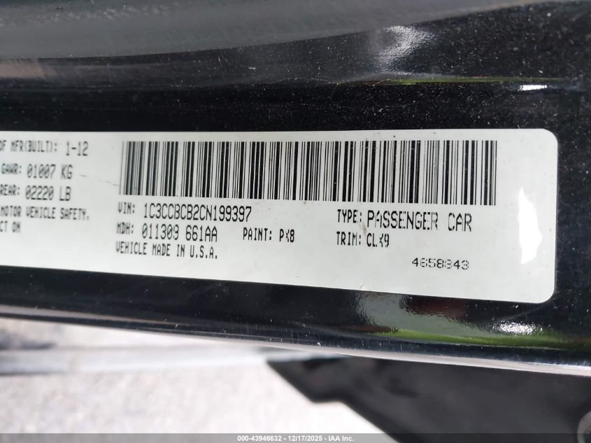 2012 Chrysler 200 Limited VIN: 1C3CCBCB2CN199397 Lot: 43946632