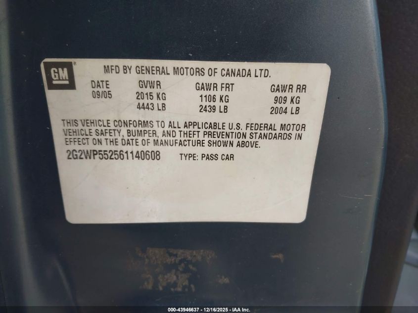 2006 Pontiac Grand Prix VIN: 2G2WP552561140608 Lot: 43946637