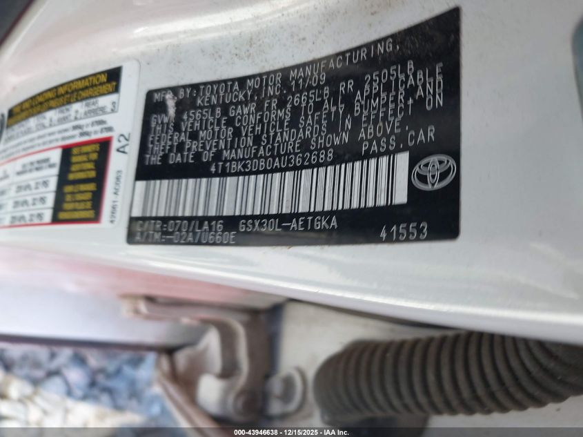 2010 Toyota Avalon Xls VIN: 4T1BK3DB0AU362688 Lot: 43946638