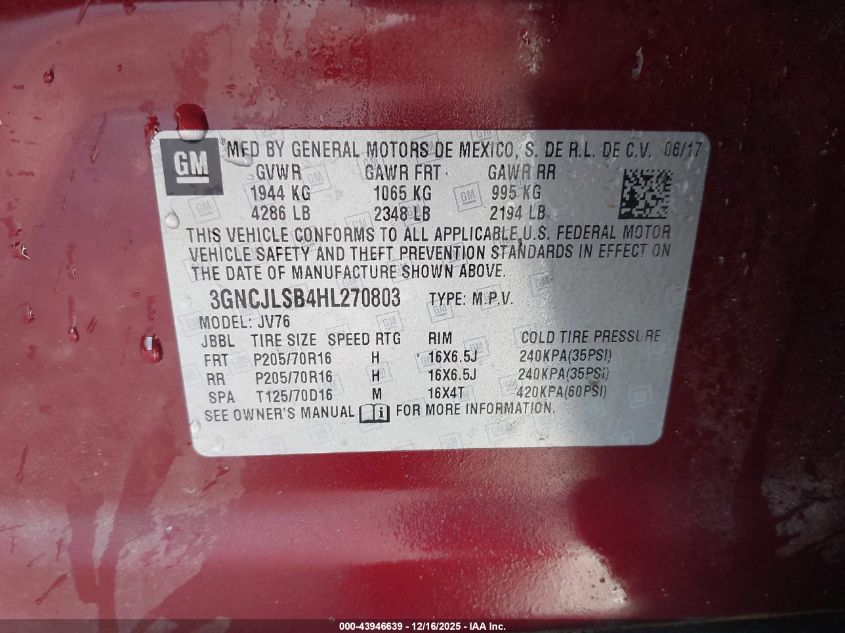 2017 Chevrolet Trax Lt VIN: 3GNCJLSB4HL270803 Lot: 43946639