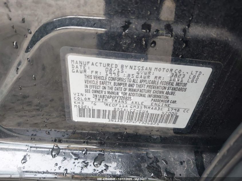 2015 Nissan Sentra S VIN: 3N1AB7AP4FY326825 Lot: 43946645