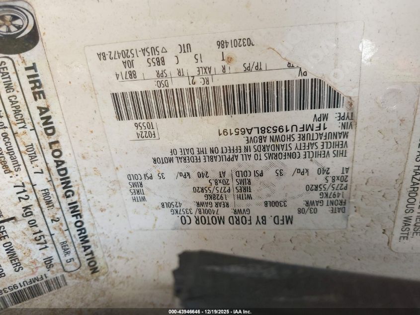 2008 Ford Expedition Limited VIN: 1FMFU19538LA65191 Lot: 43946646