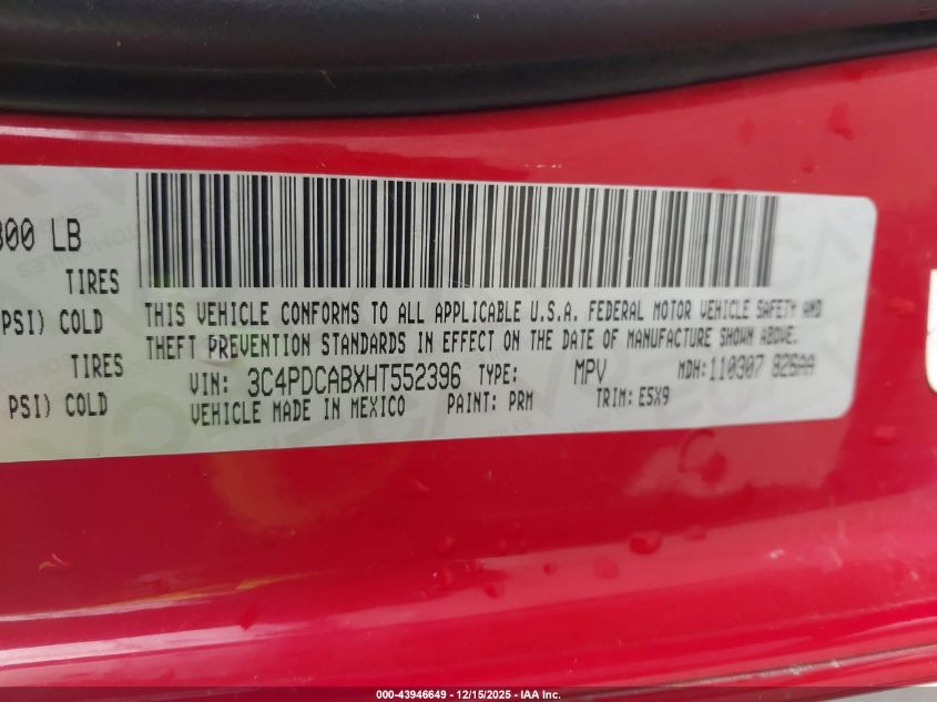 2017 Dodge Journey Se VIN: 3C4PDCABXHT552396 Lot: 43946649