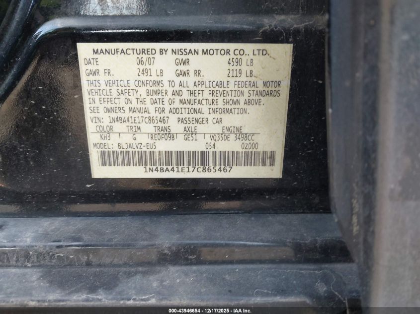 2007 Nissan Maxima 3.5 Se VIN: 1N4BA41E17C865467 Lot: 43946654