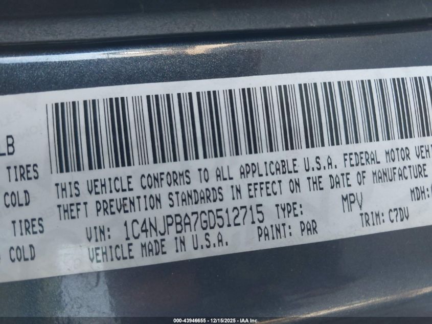 2016 Jeep Patriot Sport VIN: 1C4NJPBA7GD512715 Lot: 43946655