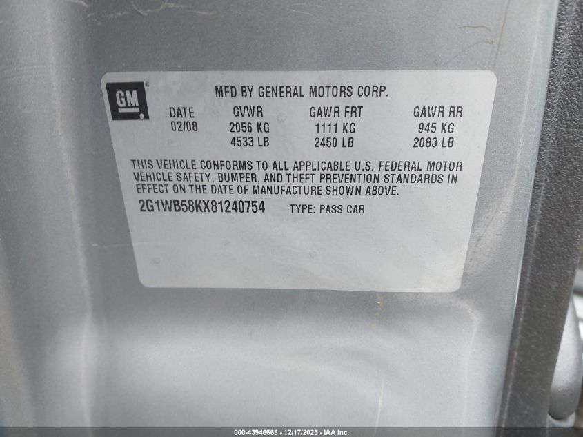 2008 Chevrolet Impala Ls VIN: 2G1WB58KX81240754 Lot: 43946668