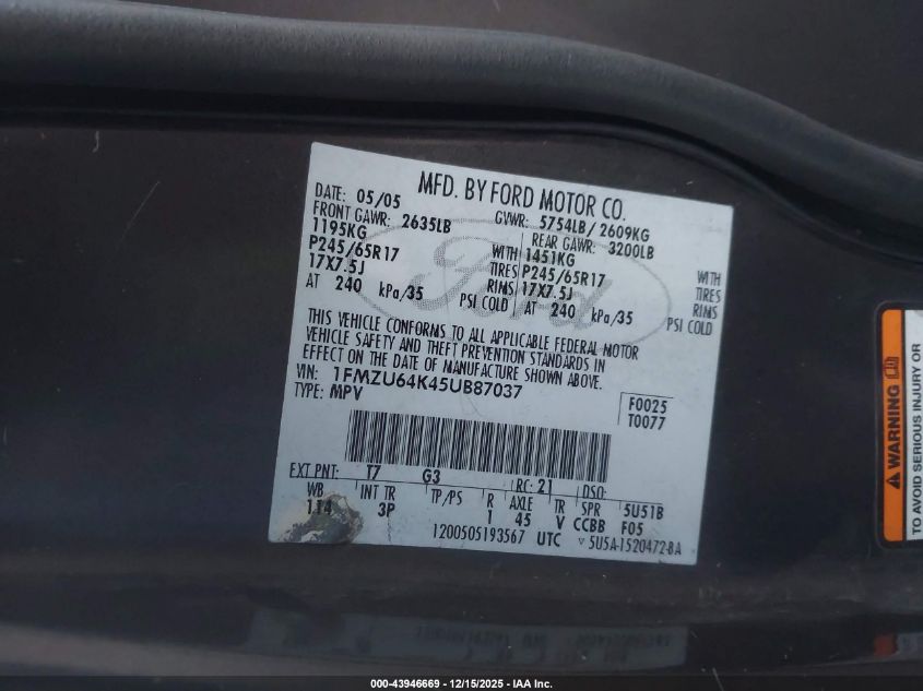 2005 Ford Explorer Eddie Bauer VIN: 1FMZU64K45UB87037 Lot: 43946669