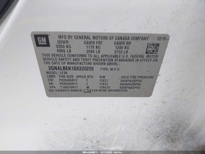 2016 Chevrolet Equinox Ls VIN: 2GNALBEK1G6220239 Lot: 43946672