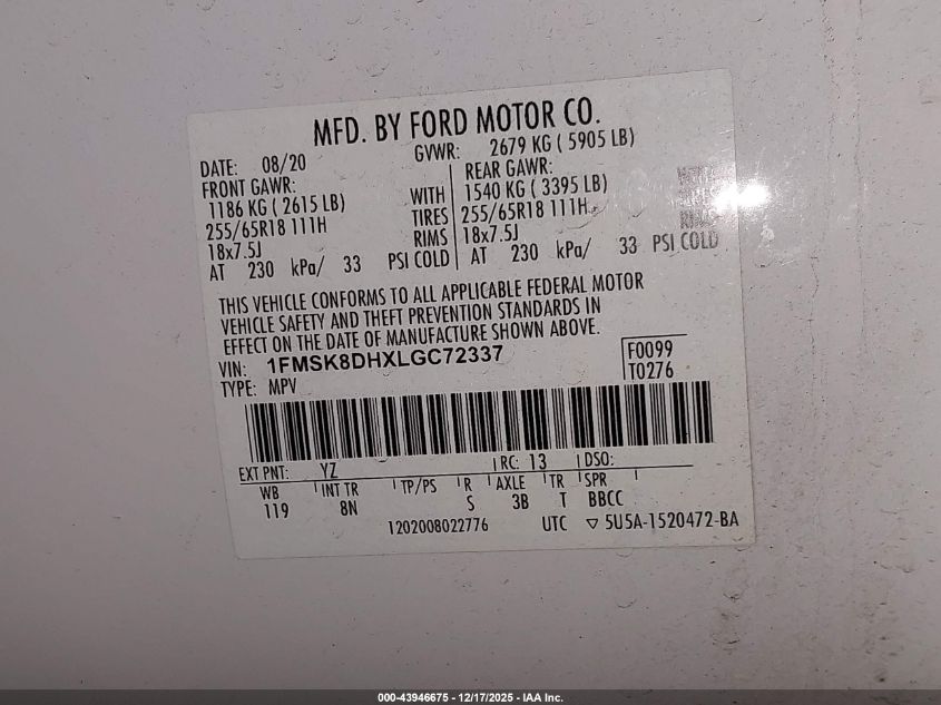 2020 Ford Explorer Xlt VIN: 1FMSK8DHXLGC72337 Lot: 43946675