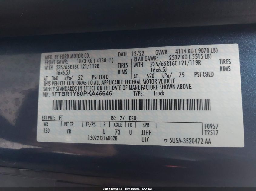 2023 Ford Transit-250 VIN: 1FTBR1Y80PKA45646 Lot: 43946674