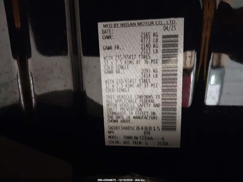 2025 Nissan Rogue S Intelligent Awd VIN: 5N1BT3AB0SC848815 Lot: 43946678