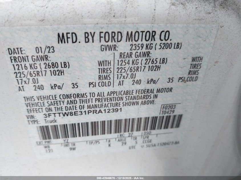 2023 Ford Maverick Xl VIN: 3FTTW8E31PRA12391 Lot: 43946676