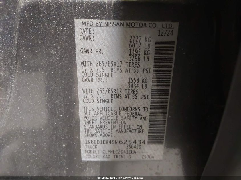 2025 Nissan Frontier Sv 4X4 VIN: 1N6ED1EK4SN625434 Lot: 43946679
