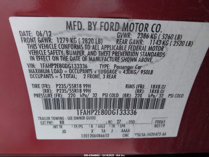 2013 Ford Taurus Sel VIN: 1FAHP2E80DG133336 Lot: 43946682