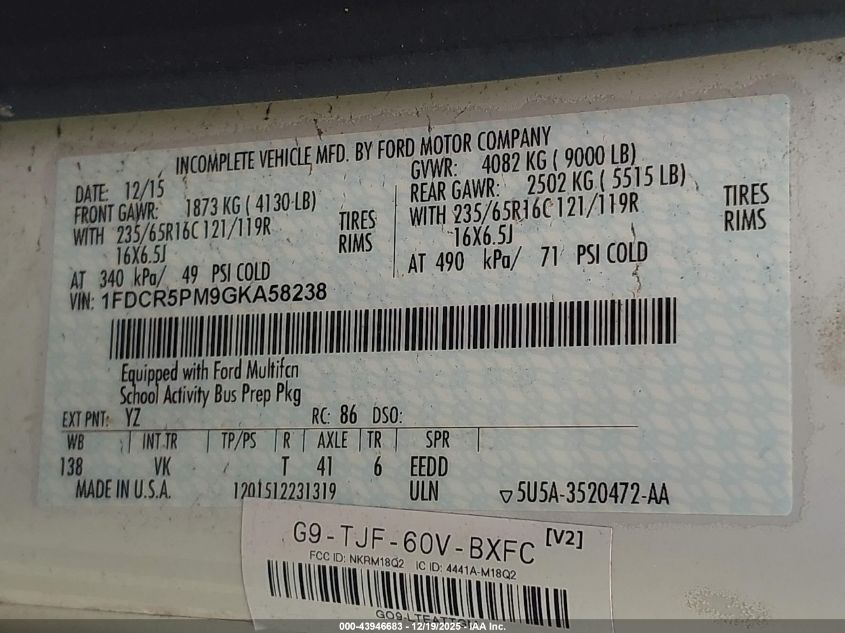 2016 Ford Transit-250 Cutaway VIN: 1FDCR5PM9GKA58238 Lot: 43946683