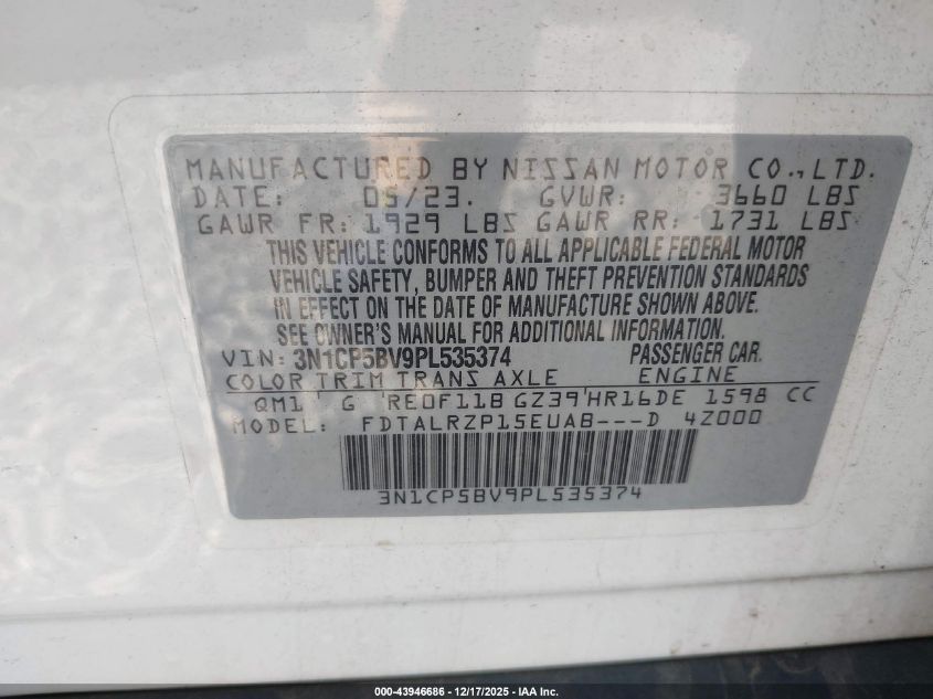 2023 Nissan Kicks S Xtronic Cvt VIN: 3N1CP5BV9PL535374 Lot: 43946686