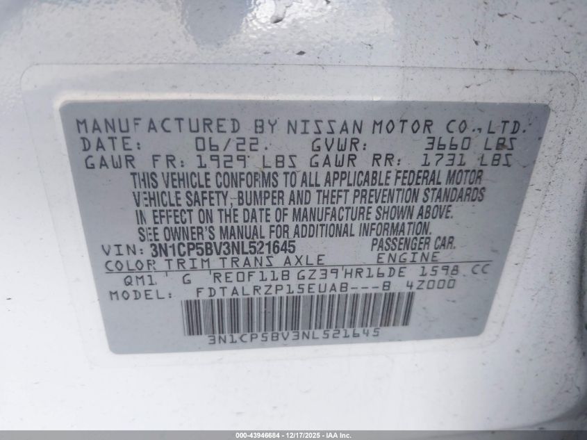 2022 Nissan Kicks S Xtronic Cvt VIN: 3N1CP5BV3NL521645 Lot: 43946684