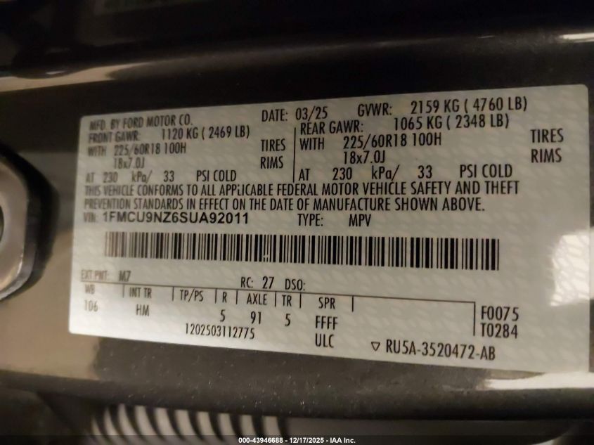 2025 Ford Escape St-Line Select VIN: 1FMCU9NZ6SUA92011 Lot: 43946688