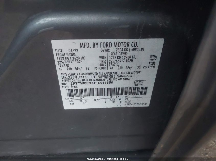 2023 Ford Maverick Xlt VIN: 3FTTW8E9XPRA11650 Lot: 43946689