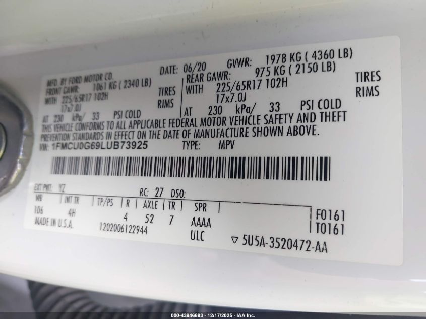 2020 Ford Escape Se VIN: 1FMCU0G69LUB73925 Lot: 43946693