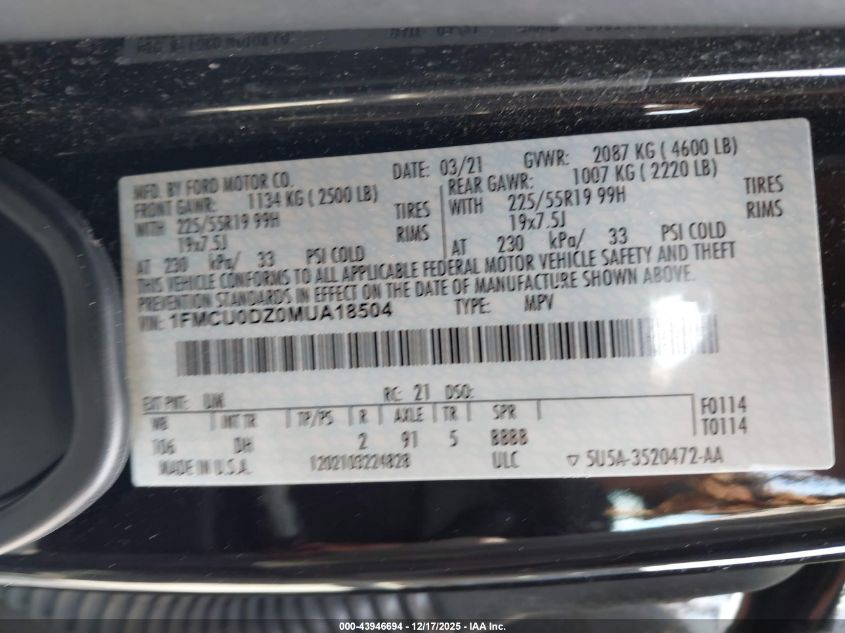 2021 Ford Escape Titanium Hybrid VIN: 1FMCU0DZ0MUA18504 Lot: 43946694