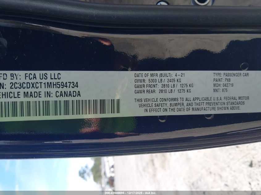 2021 Dodge Charger R/T Rwd VIN: 2C3CDXCT1MH594734 Lot: 43946695