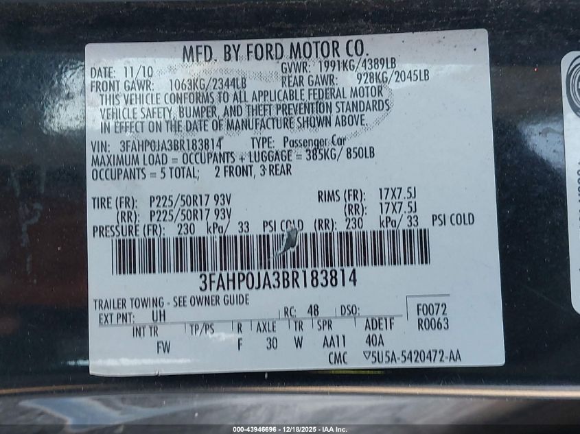 2011 Ford Fusion Sel VIN: 3FAHP0JA3BR183814 Lot: 43946696