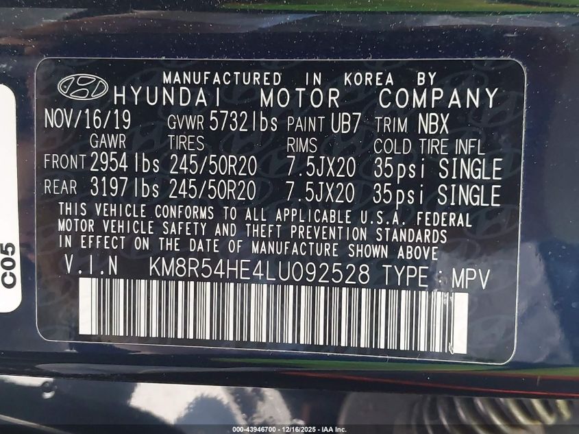 2020 Hyundai Palisade Limited VIN: KM8R54HE4LU092528 Lot: 43946700