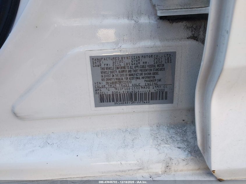 2021 Nissan Sentra S Xtronic Cvt VIN: 3N1AB8BV3MY227610 Lot: 43946703