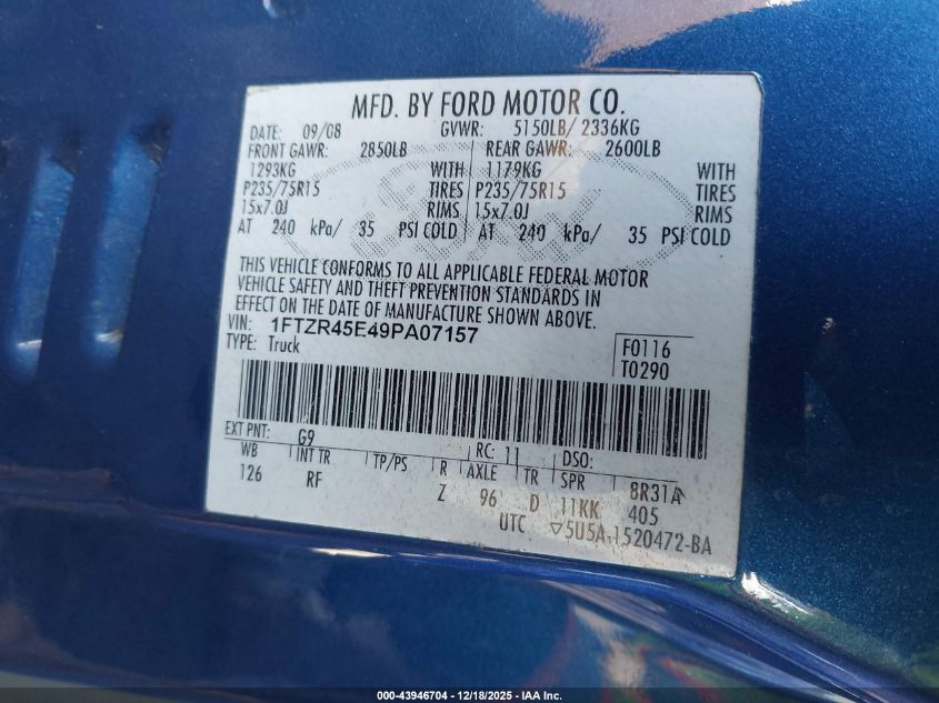 2009 Ford Ranger Fx4 Off-Road/Sport/Xlt VIN: 1FTZR45E49PA07157 Lot: 43946704