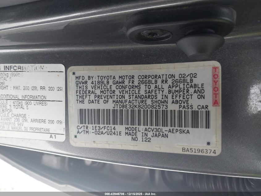 2002 Toyota Camry Se VIN: JTDBE32K820082573 Lot: 43946706