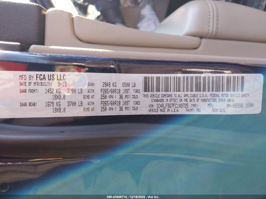 2015 Jeep Grand Cherokee Limited VIN: 1C4RJFBG7FC149725 Lot: 43946714