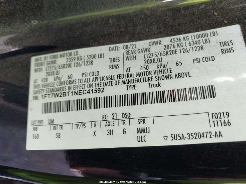 2022 Ford F-250 Lariat VIN: 1FT7W2BT1NEC41592 Lot: 43946715